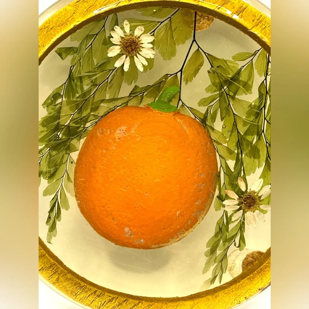 Vintage Lucite Acrylic Pressed Flowers Mandarin Round Trivet 5 in Diameter